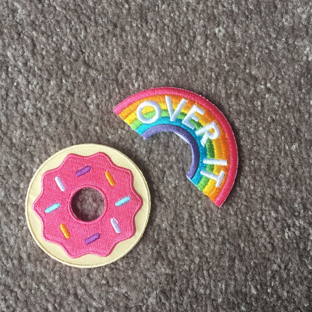 "over it" rainbow and donut patches